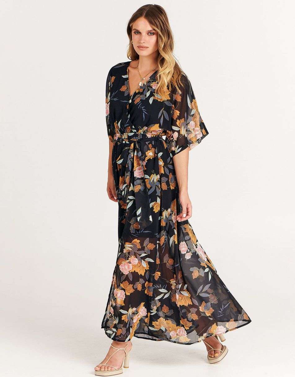 ANRABESS Women’s Summer Loose Kimono Wrap V Neck 3/4 Sleeve Floral Print Slit Long Dresses