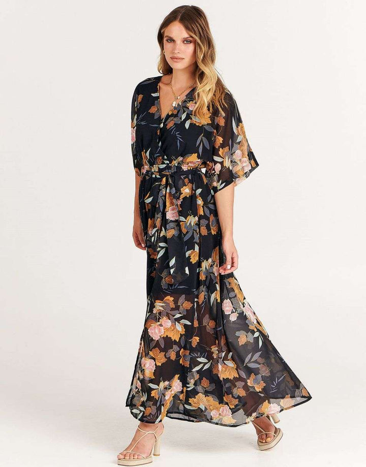 ANRABESS Women’s Summer Loose Kimono Wrap V Neck 3/4 Sleeve Floral Print Slit Long Dresses