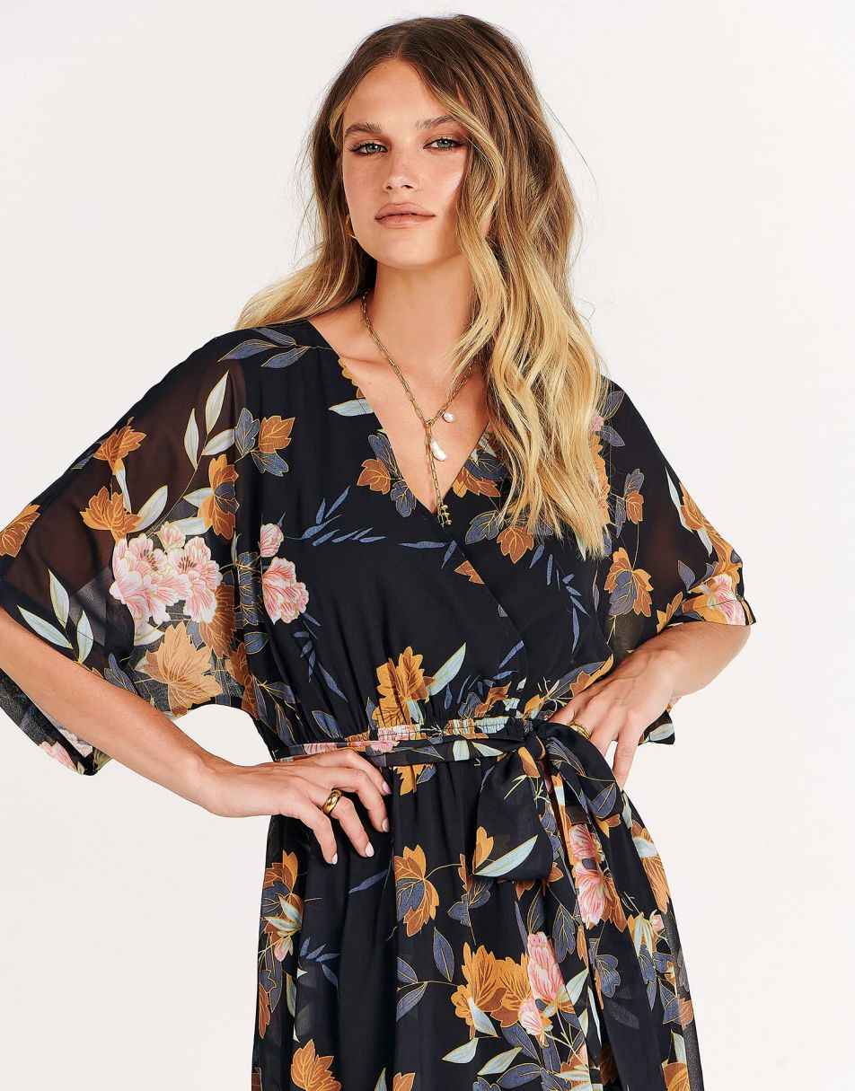 ANRABESS Women’s Summer Loose Kimono Wrap V Neck 3/4 Sleeve Floral Print Slit Long Dresses