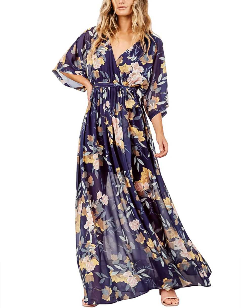 ANRABESS Women’s Summer Loose Kimono Wrap V Neck 3/4 Sleeve Floral Print Slit Long Dresses