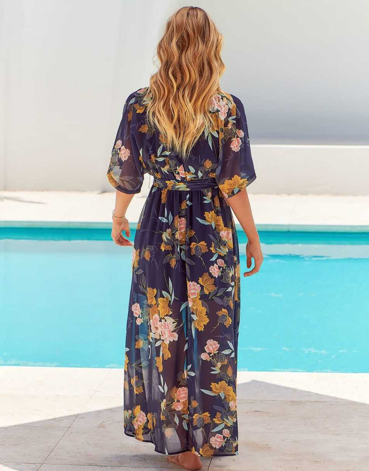 ANRABESS Women’s Summer Loose Kimono Wrap V Neck 3/4 Sleeve Floral Print Slit Long Dresses