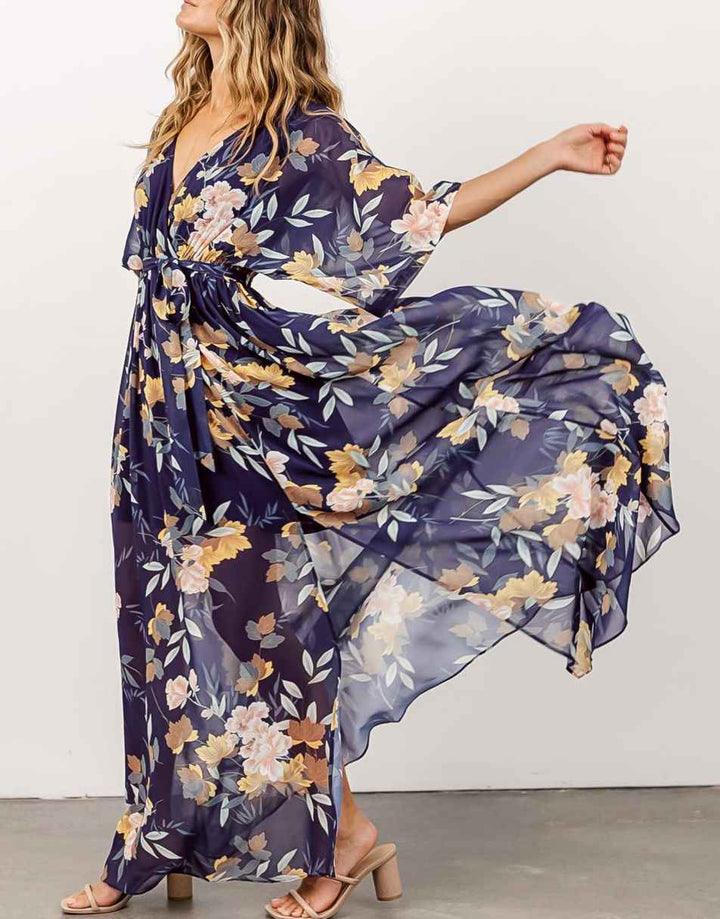 ANRABESS Women’s Summer Loose Kimono Wrap V Neck 3/4 Sleeve Floral Print Slit Long Dresses
