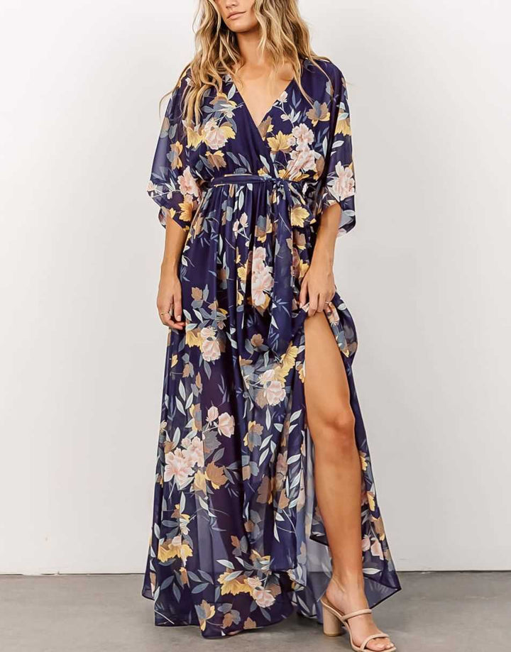 ANRABESS Women’s Summer Loose Kimono Wrap V Neck 3/4 Sleeve Floral Print Slit Long Dresses