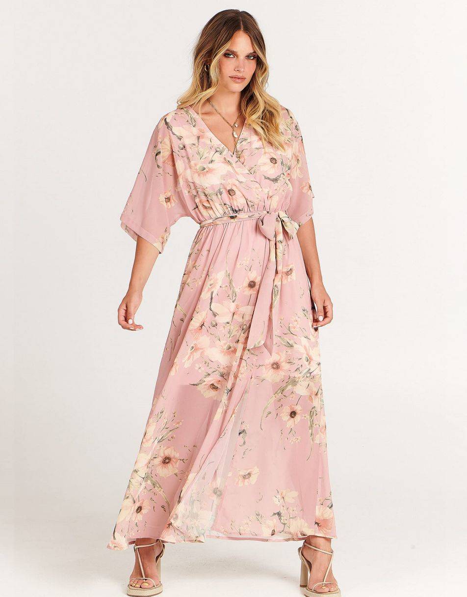ANRABESS Women’s Summer Loose Kimono Wrap V Neck 3/4 Sleeve Floral Print Slit Long Dresses