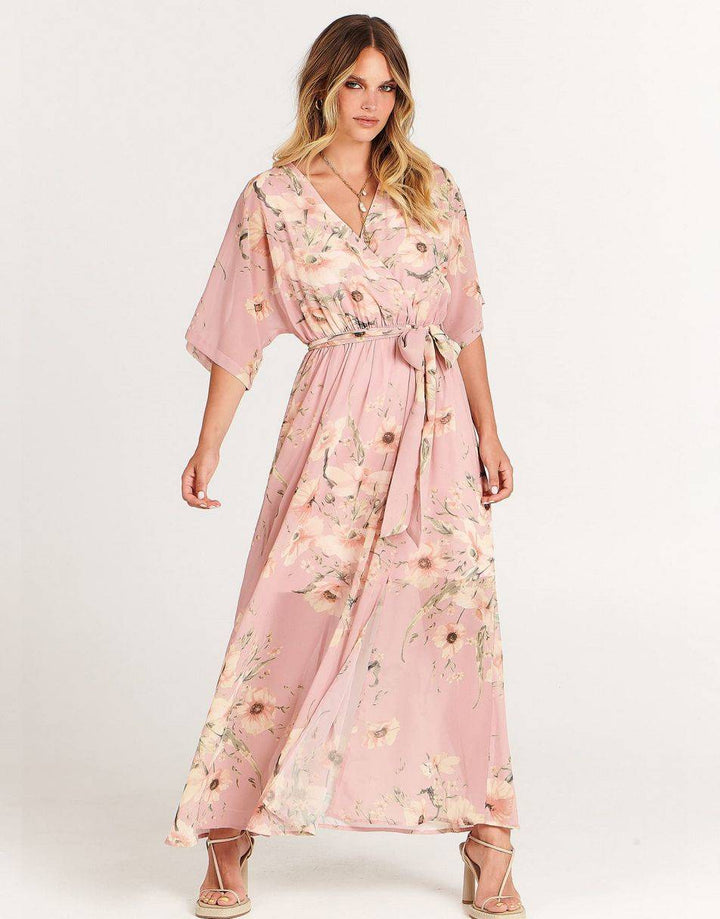 ANRABESS Women’s Summer Loose Kimono Wrap V Neck 3/4 Sleeve Floral Print Slit Long Dresses