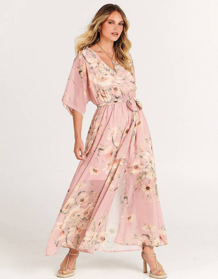 ANRABESS Women’s Summer Loose Kimono Wrap V Neck 3/4 Sleeve Floral Print Slit Long Dresses
