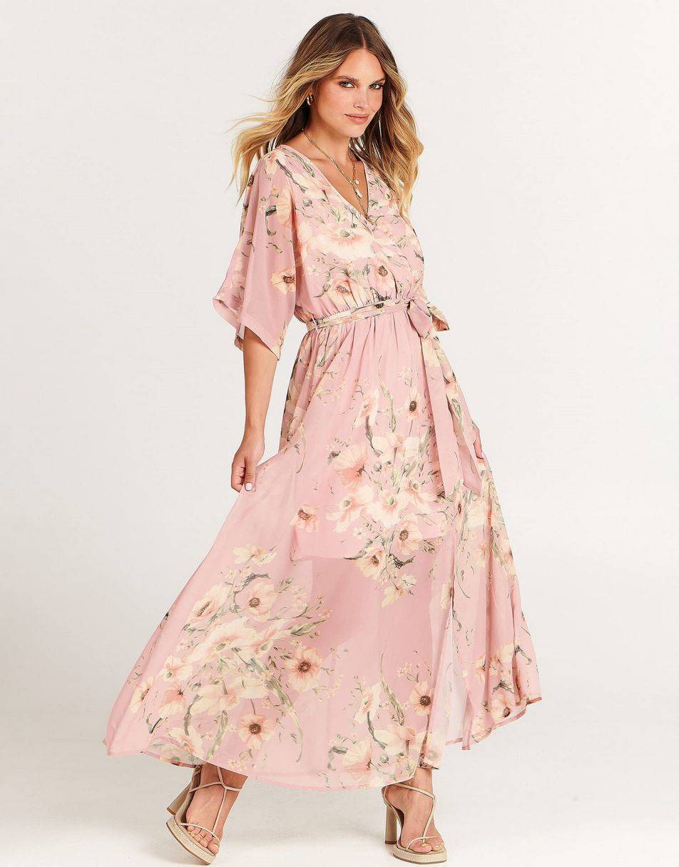 ANRABESS Women’s Summer Loose Kimono Wrap V Neck 3/4 Sleeve Floral Print Slit Long Dresses