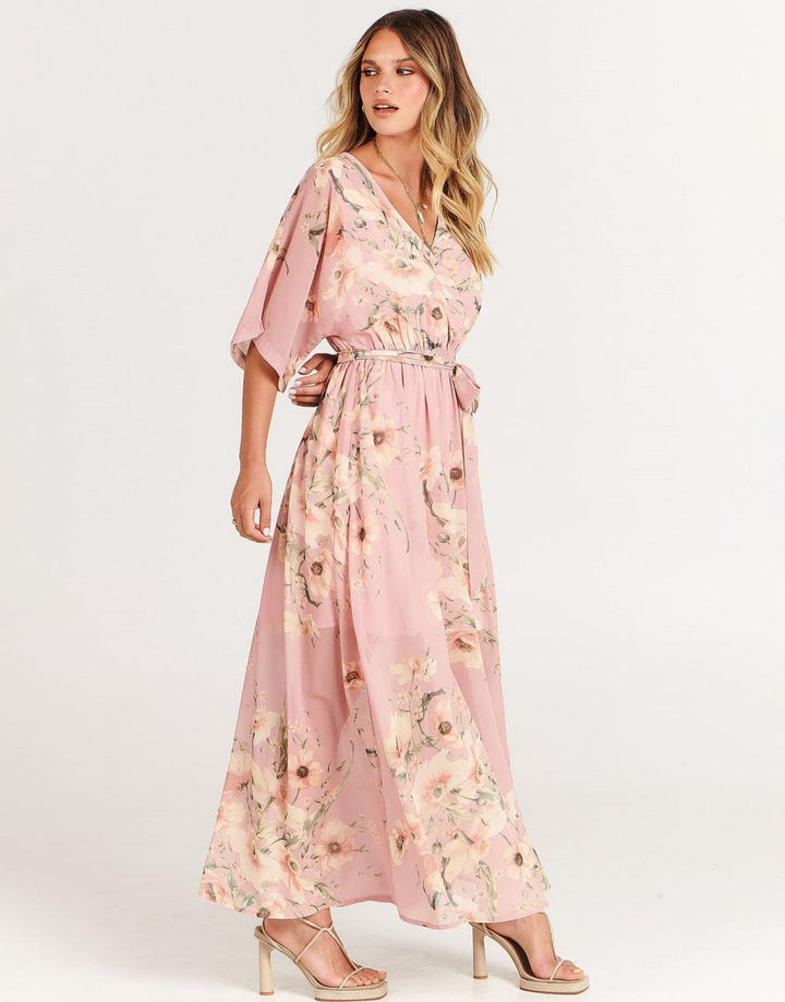 ANRABESS Women’s Summer Loose Kimono Wrap V Neck 3/4 Sleeve Floral Print Slit Long Dresses