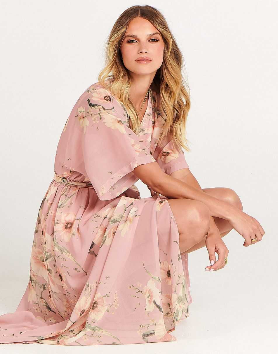 ANRABESS Women’s Summer Loose Kimono Wrap V Neck 3/4 Sleeve Floral Print Slit Long Dresses
