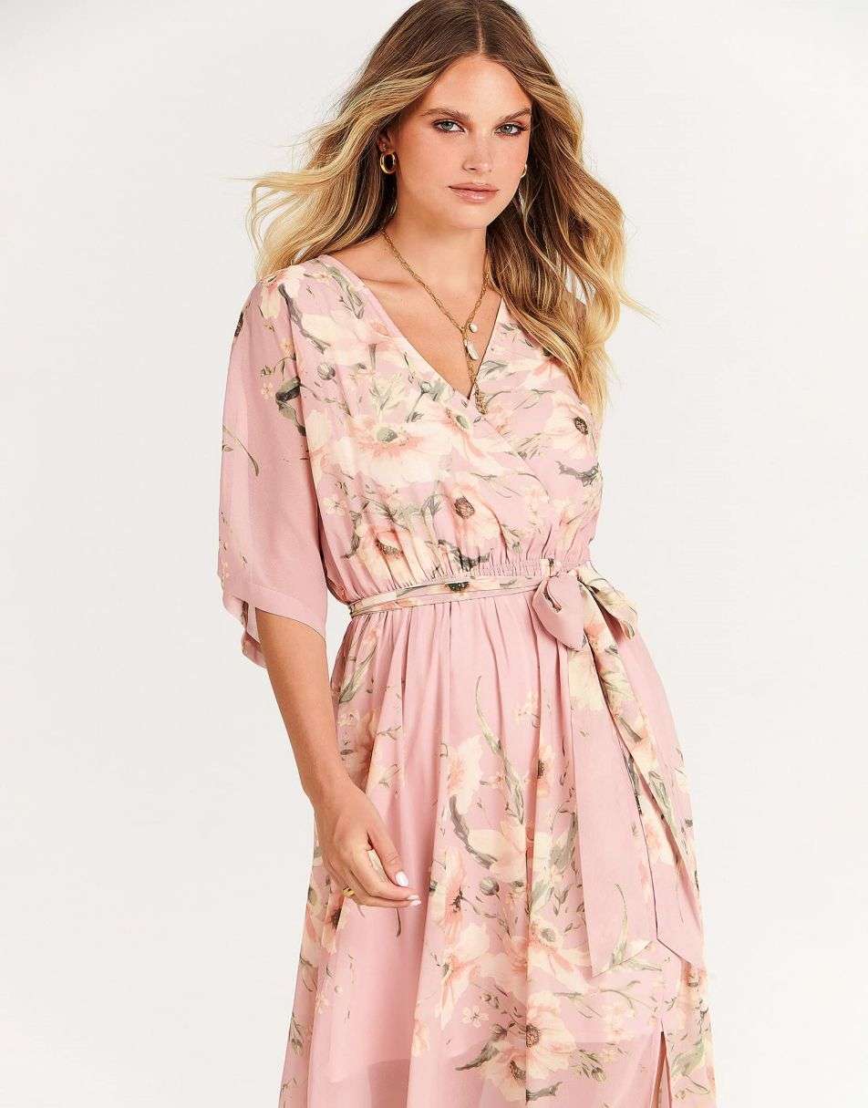 ANRABESS Women’s Summer Loose Kimono Wrap V Neck 3/4 Sleeve Floral Print Slit Long Dresses