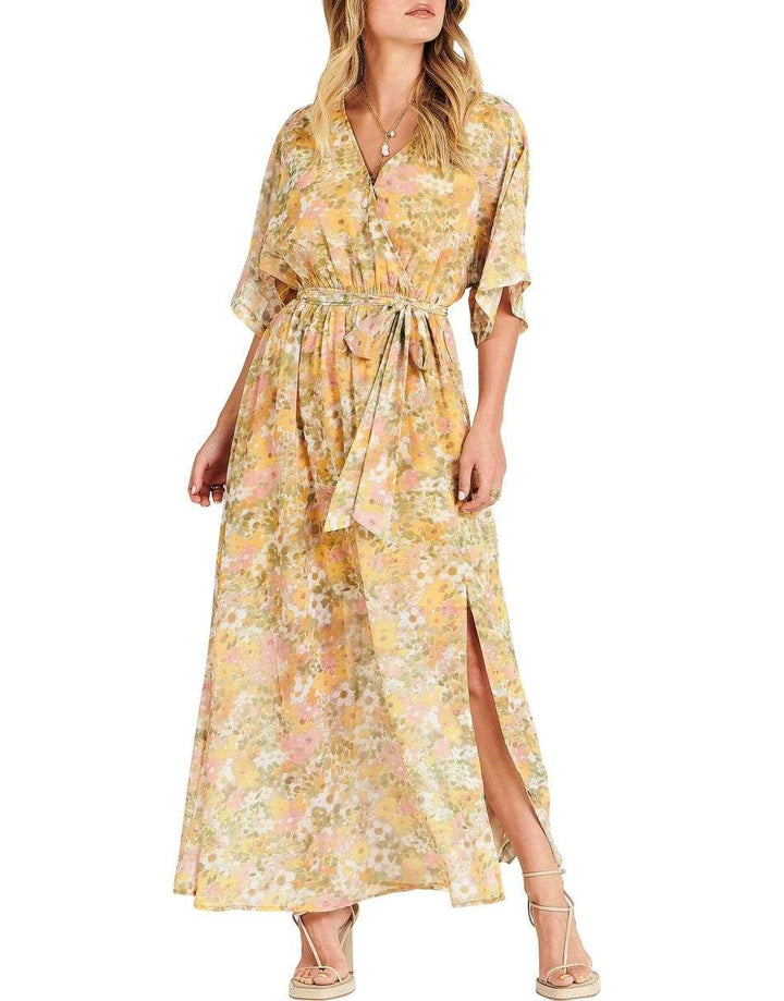 ANRABESS Women’s Summer Loose Kimono Wrap V Neck 3/4 Sleeve Floral Print Slit Long Dresses