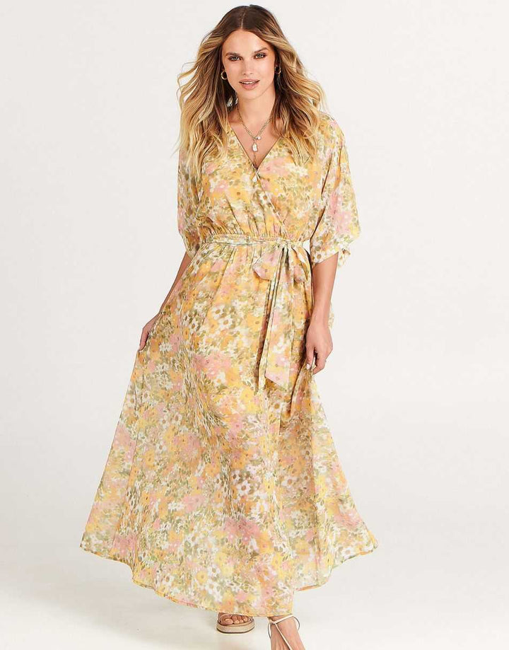 ANRABESS Women’s Summer Loose Kimono Wrap V Neck 3/4 Sleeve Floral Print Slit Long Dresses