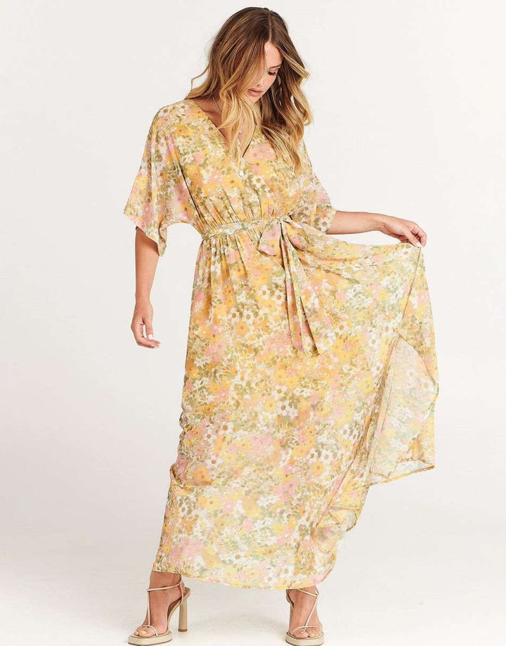 ANRABESS Women’s Summer Loose Kimono Wrap V Neck 3/4 Sleeve Floral Print Slit Long Dresses