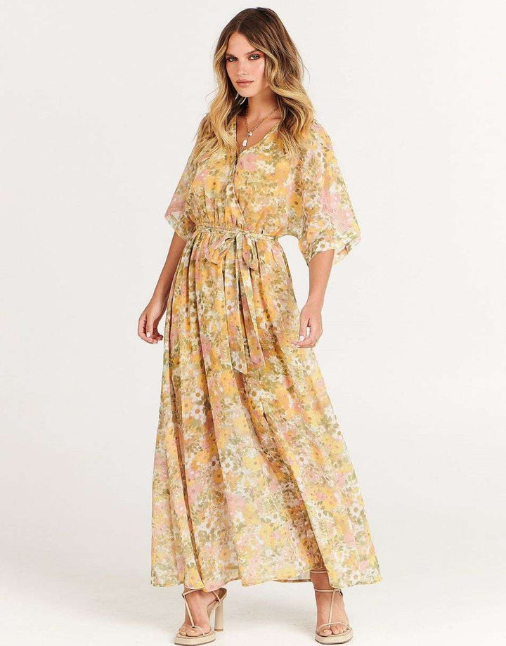 ANRABESS Women’s Summer Loose Kimono Wrap V Neck 3/4 Sleeve Floral Print Slit Long Dresses