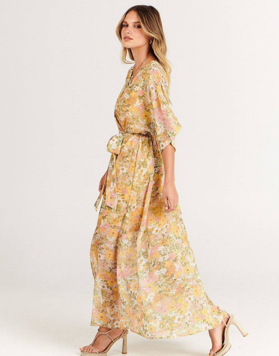 ANRABESS Women’s Summer Loose Kimono Wrap V Neck 3/4 Sleeve Floral Print Slit Long Dresses