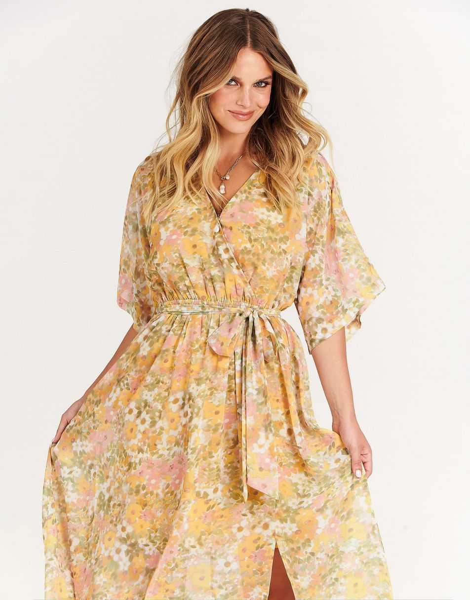 ANRABESS Women’s Summer Loose Kimono Wrap V Neck 3/4 Sleeve Floral Print Slit Long Dresses