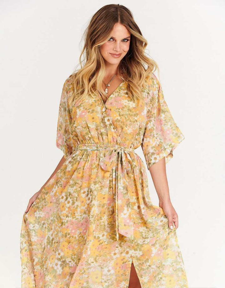 ANRABESS Women’s Summer Loose Kimono Wrap V Neck 3/4 Sleeve Floral Print Slit Long Dresses