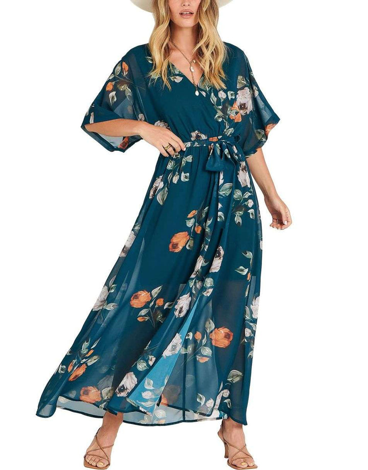 ANRABESS Women’s Summer Loose Kimono Wrap V Neck 3/4 Sleeve Floral Print Slit Long Dresses