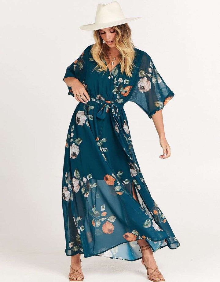 ANRABESS Women’s Summer Loose Kimono Wrap V Neck 3/4 Sleeve Floral Print Slit Long Dresses