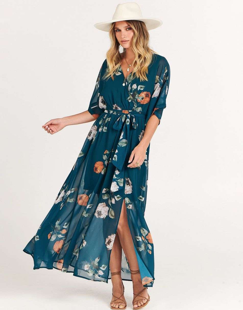 ANRABESS Women’s Summer Loose Kimono Wrap V Neck 3/4 Sleeve Floral Print Slit Long Dresses