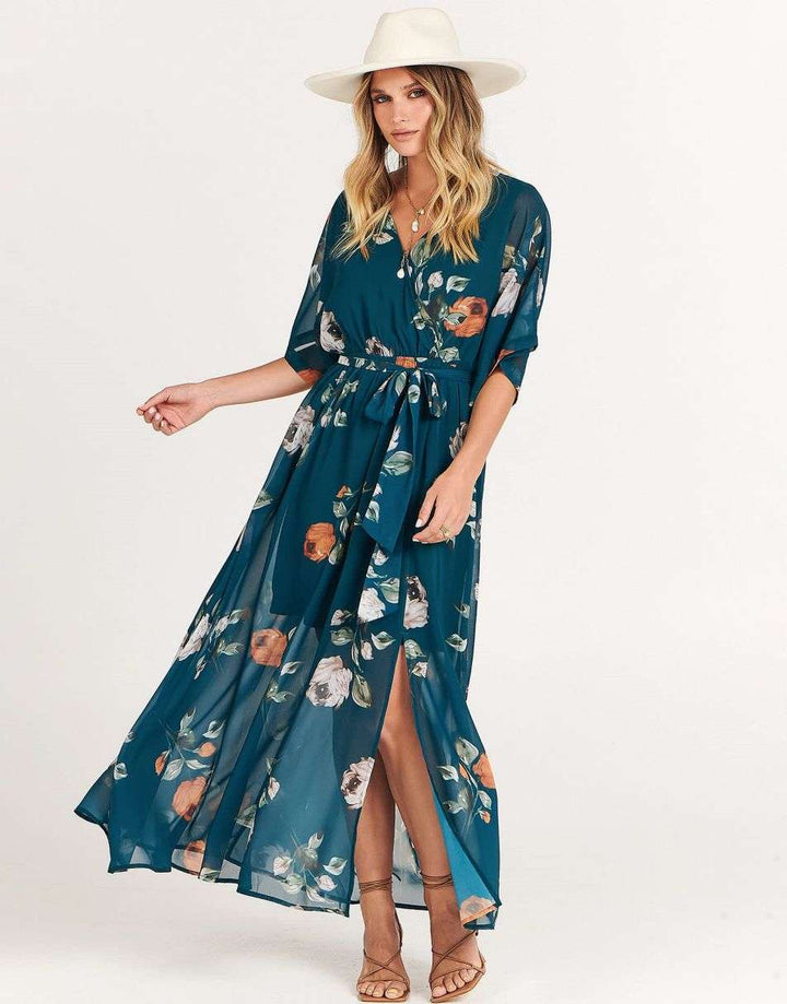 ANRABESS Women’s Summer Loose Kimono Wrap V Neck 3/4 Sleeve Floral Print Slit Long Dresses