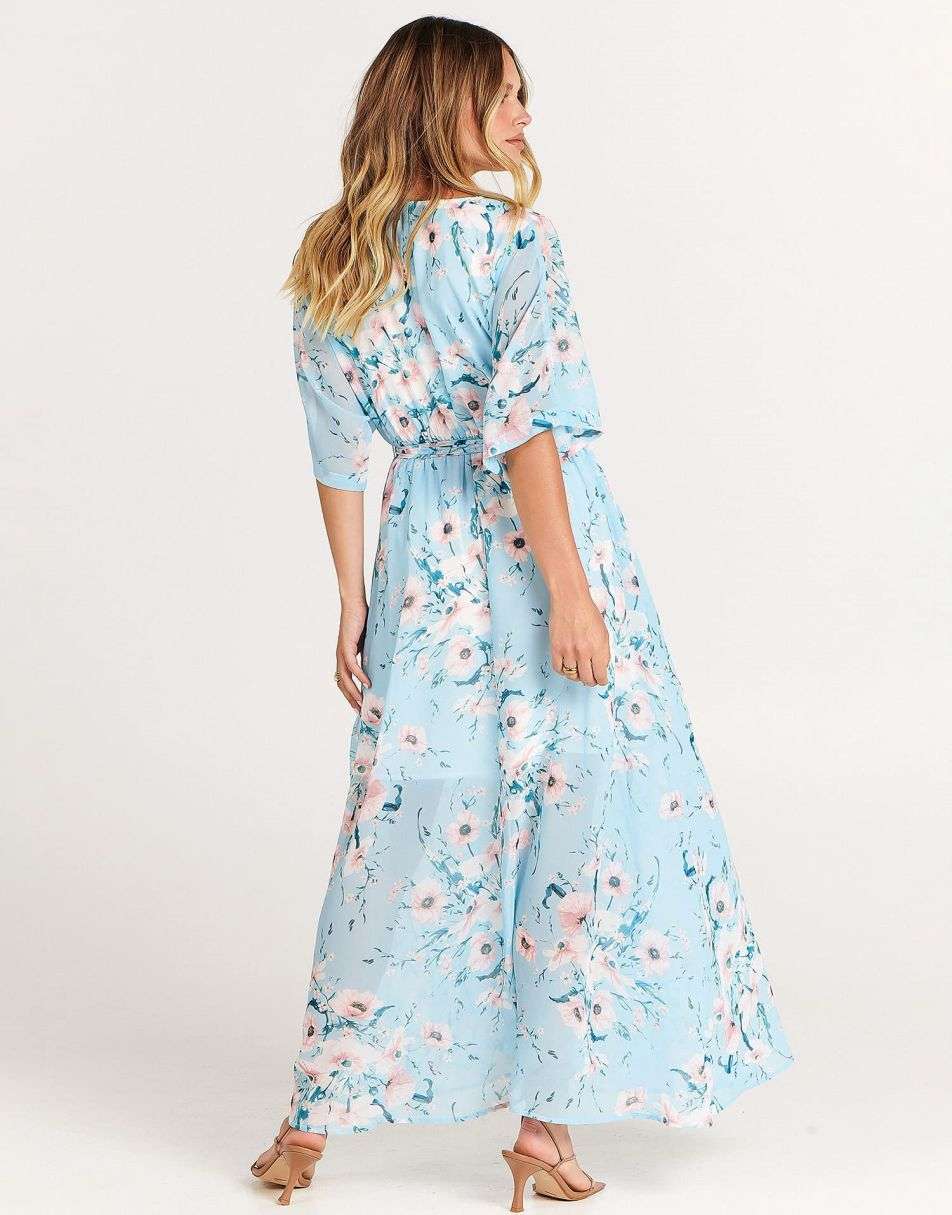 ANRABESS Women’s Summer Loose Kimono Wrap V Neck 3/4 Sleeve Floral Print Slit Long Dresses