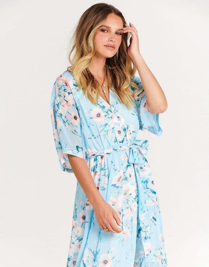 ANRABESS Women’s Summer Loose Kimono Wrap V Neck 3/4 Sleeve Floral Print Slit Long Dresses