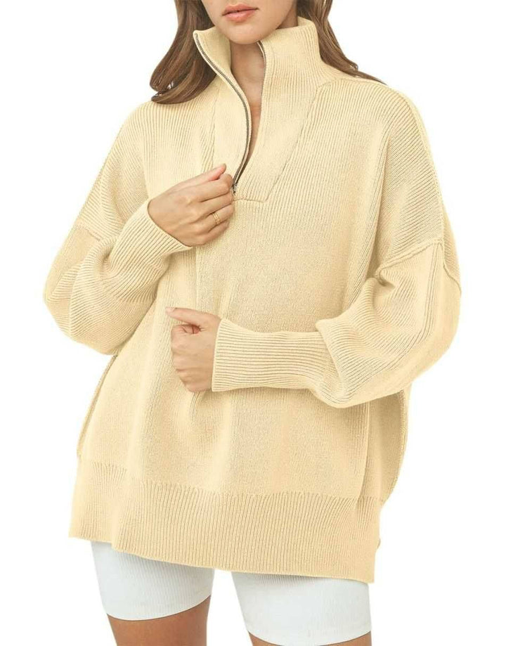 ANRABESS Women's Oversized Sweater 2023 Fall Long Sleeve Quarter Zipper Collar Drop Shoulder Slouchy Pullover Tops