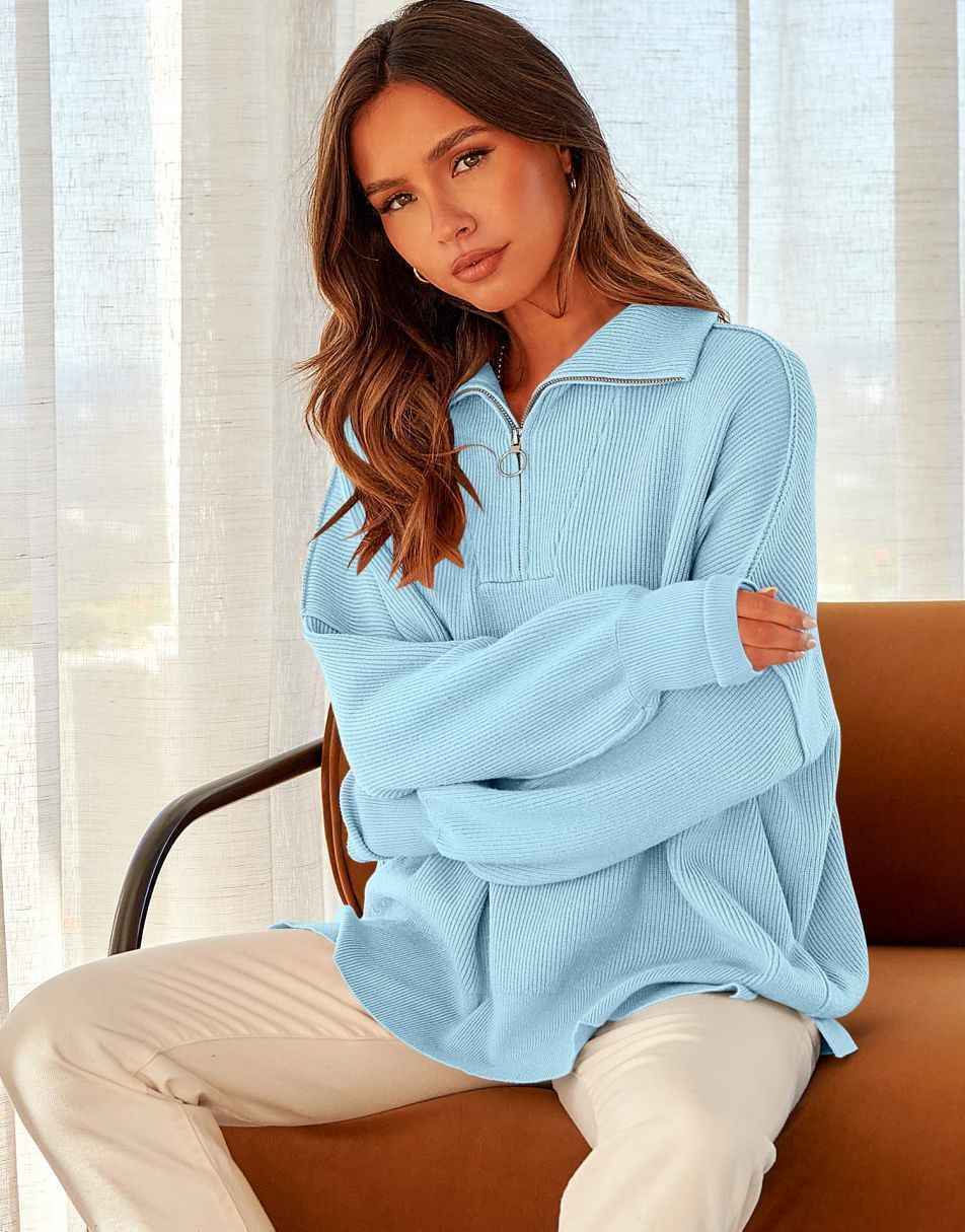 Womens Half Zip Sweatshirt Oversized Long Sleeve Collar Drop