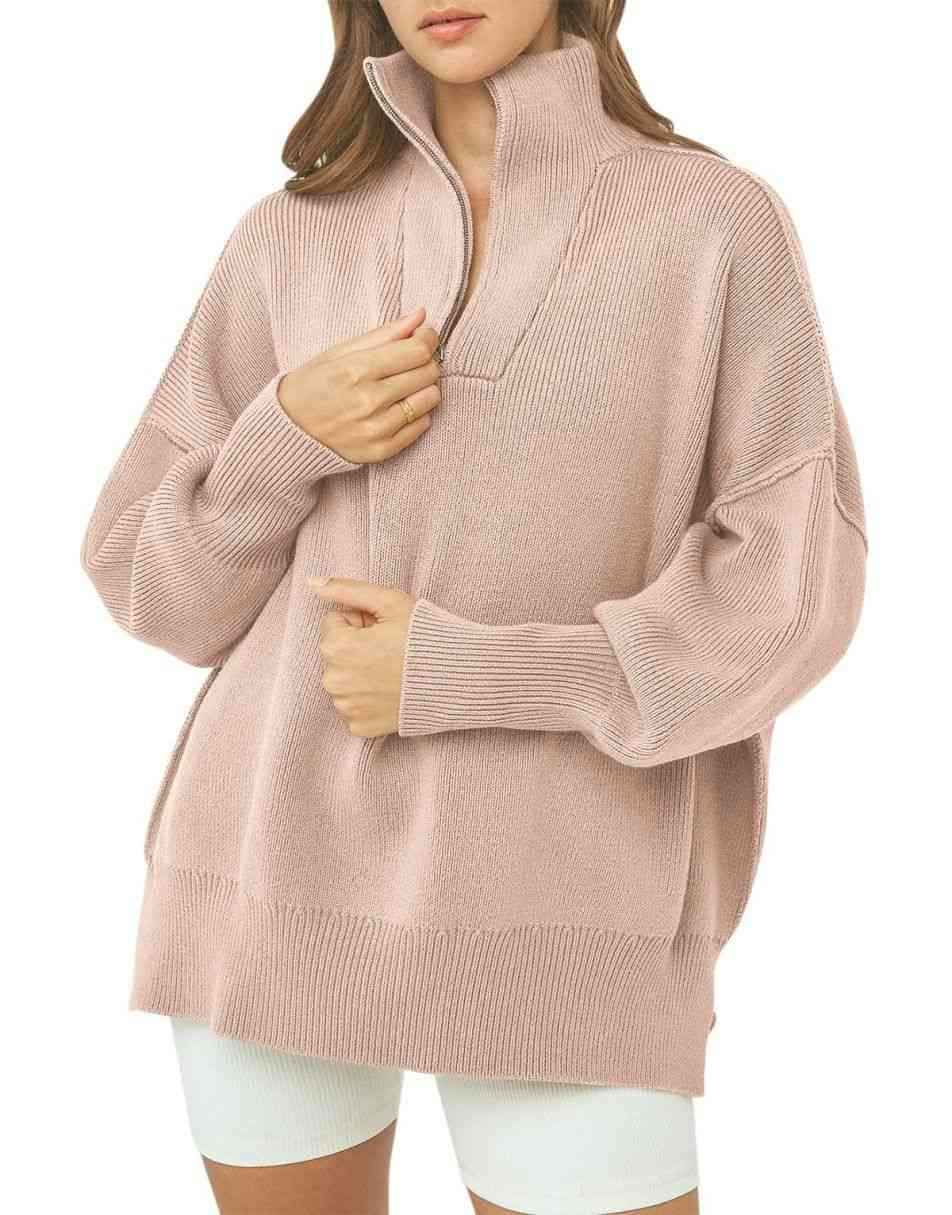 ANRABESS Women's Oversized Sweater 2023 Fall Long Sleeve Quarter Zipper Collar Drop Shoulder Slouchy Pullover Tops