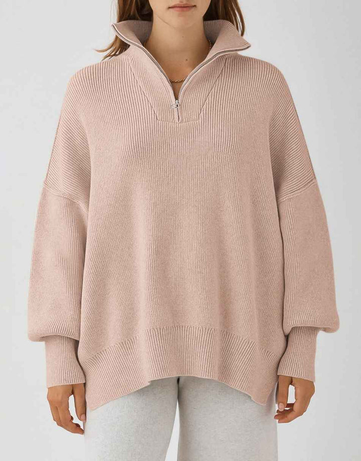 ANRABESS Women's Oversized Sweater 2023 Fall Long Sleeve Quarter Zipper Collar Drop Shoulder Slouchy Pullover Tops