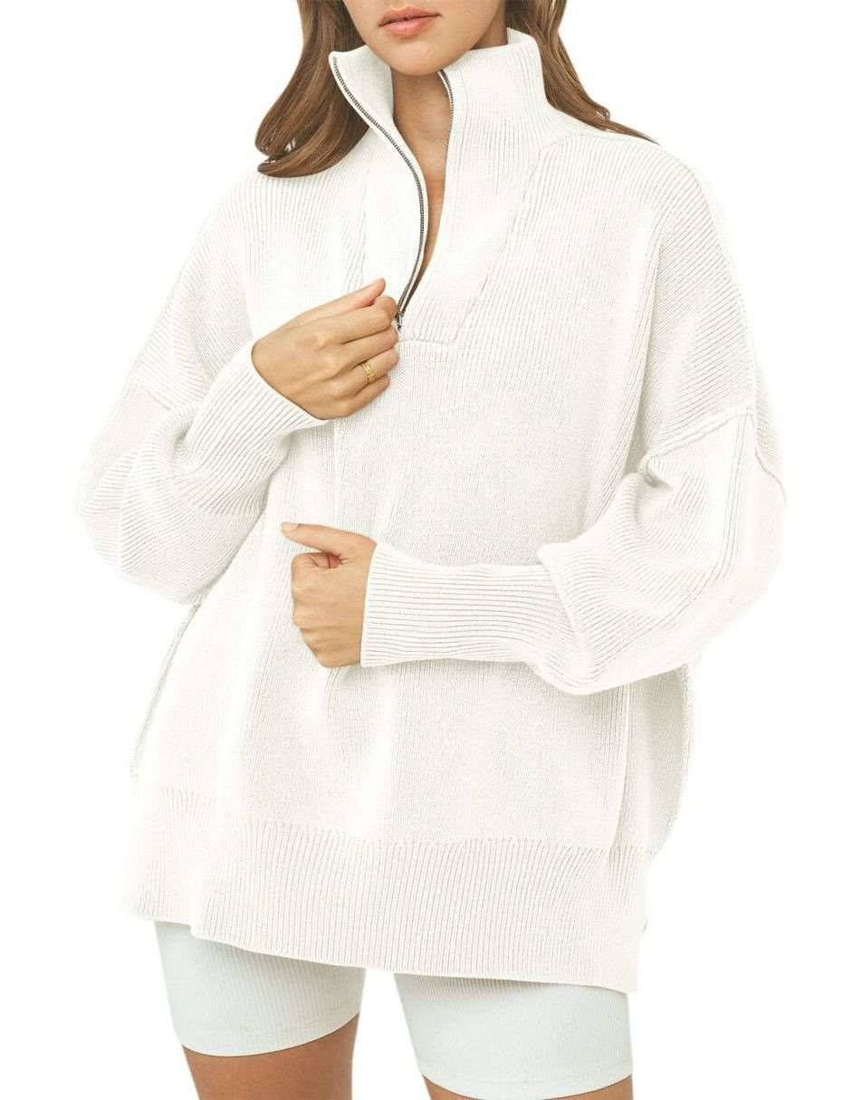 ANRABESS Women's Oversized Sweater 2023 Fall Long Sleeve Quarter Zipper Collar Drop Shoulder Slouchy Pullover Tops