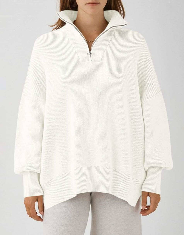 ANRABESS Women's Oversized Sweater 2023 Fall Long Sleeve Quarter Zipper Collar Drop Shoulder Slouchy Pullover Tops