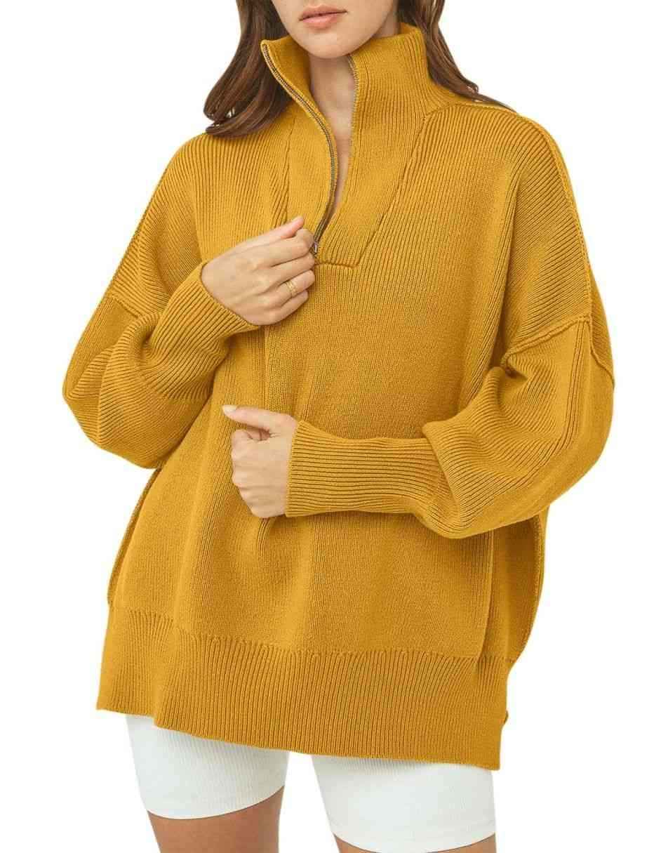 ANRABESS Women's Oversized Sweater 2023 Fall Long Sleeve Quarter Zipper Collar Drop Shoulder Slouchy Pullover Tops