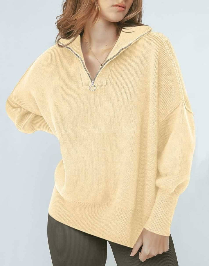 ANRABESS Women's Oversized Sweater 2023 Fall Long Sleeve Quarter Zipper Collar Drop Shoulder Slouchy Pullover Tops