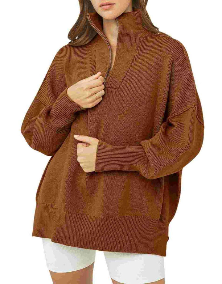 ANRABESS Women's Oversized Sweater 2023 Fall Long Sleeve Quarter Zipper Collar Drop Shoulder Slouchy Pullover Tops