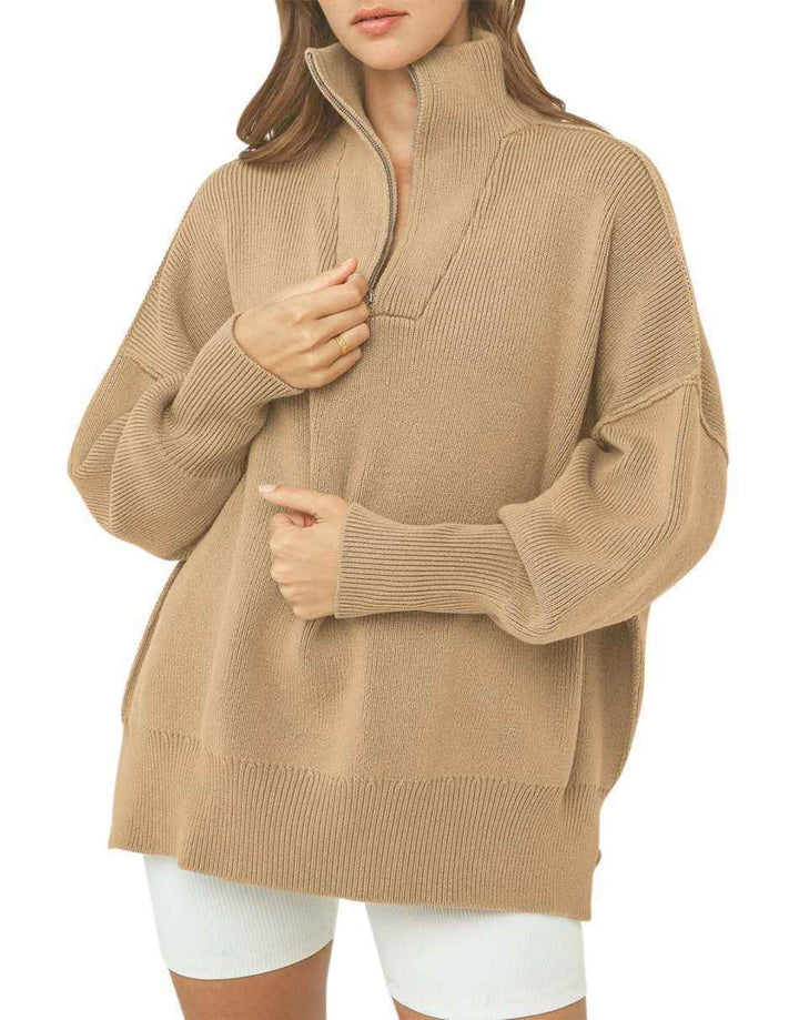 ANRABESS Women's Oversized Sweater 2023 Fall Long Sleeve Quarter Zipper Collar Drop Shoulder Slouchy Pullover Tops