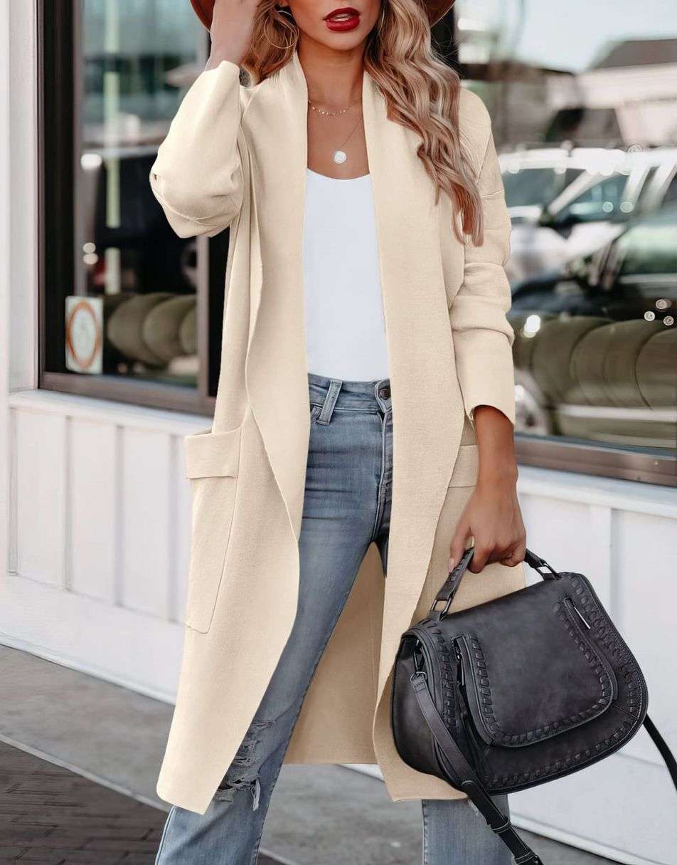 Casual Open Front Oversized Knit Cardigan with Pockets in Light