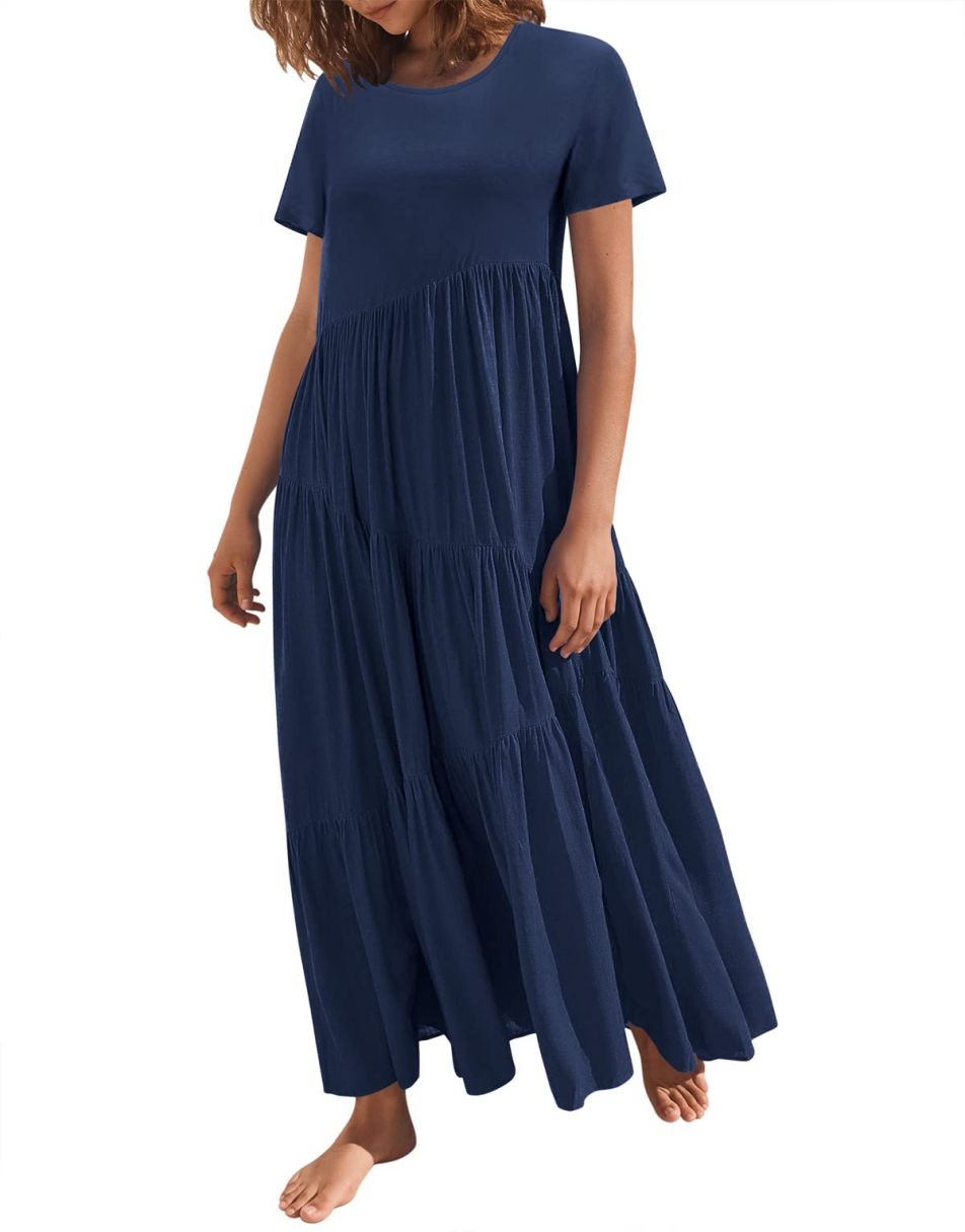 Anrabess Casual Loose Asymmetric Swing Tiered Beach Long Dresses