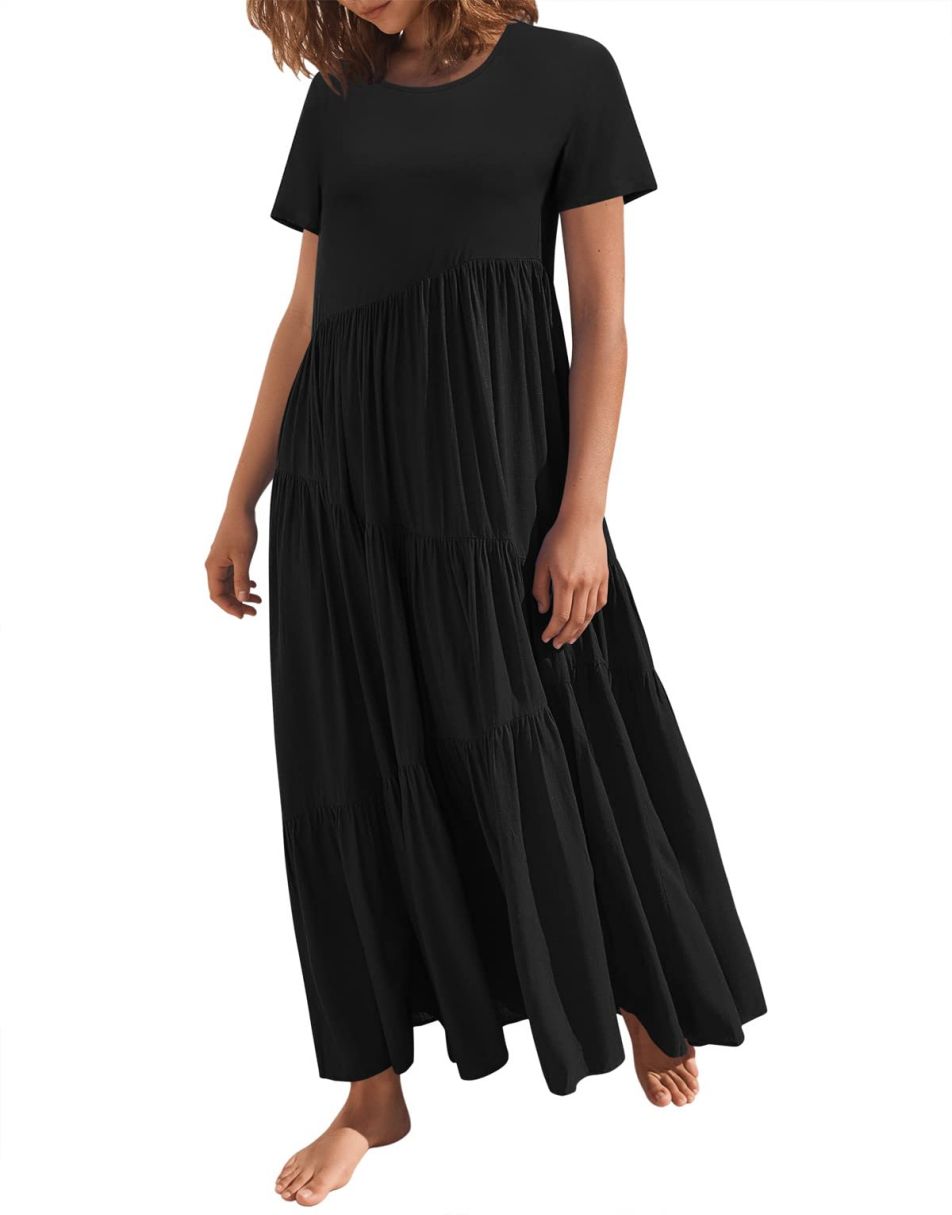 Anrabess Casual Loose Asymmetric Swing Tiered Beach Long Dresses