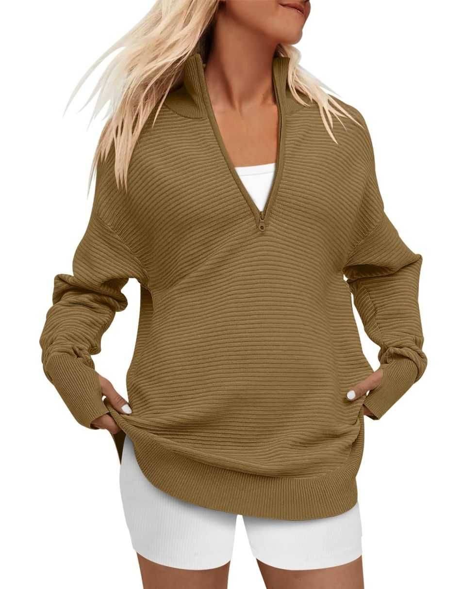 ANRABESS Women's Oversized Sweater Quarter Zip V Neck Collared