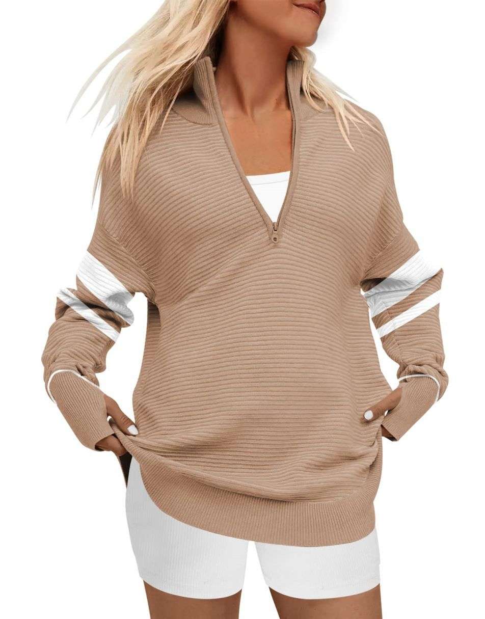 ANRABESS Women's 2023 Fall Winter Sweater Half Zip Zipper V Neck