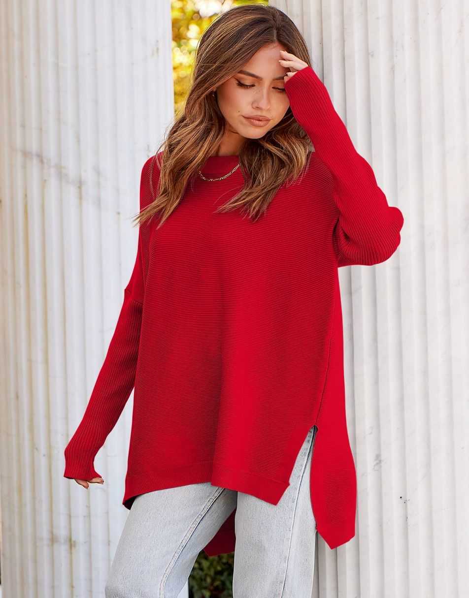 Anrabess Oversized High Low Hem Knit Tunic Pullover Sweater Tops