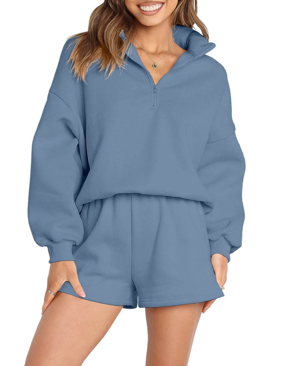 ANRABESS Women's Oversized 2 Piece Lounge Sets Fall Outfits 2023 Long Sleeve Cozy Casual Pajamas Short Sweatsuit Sets