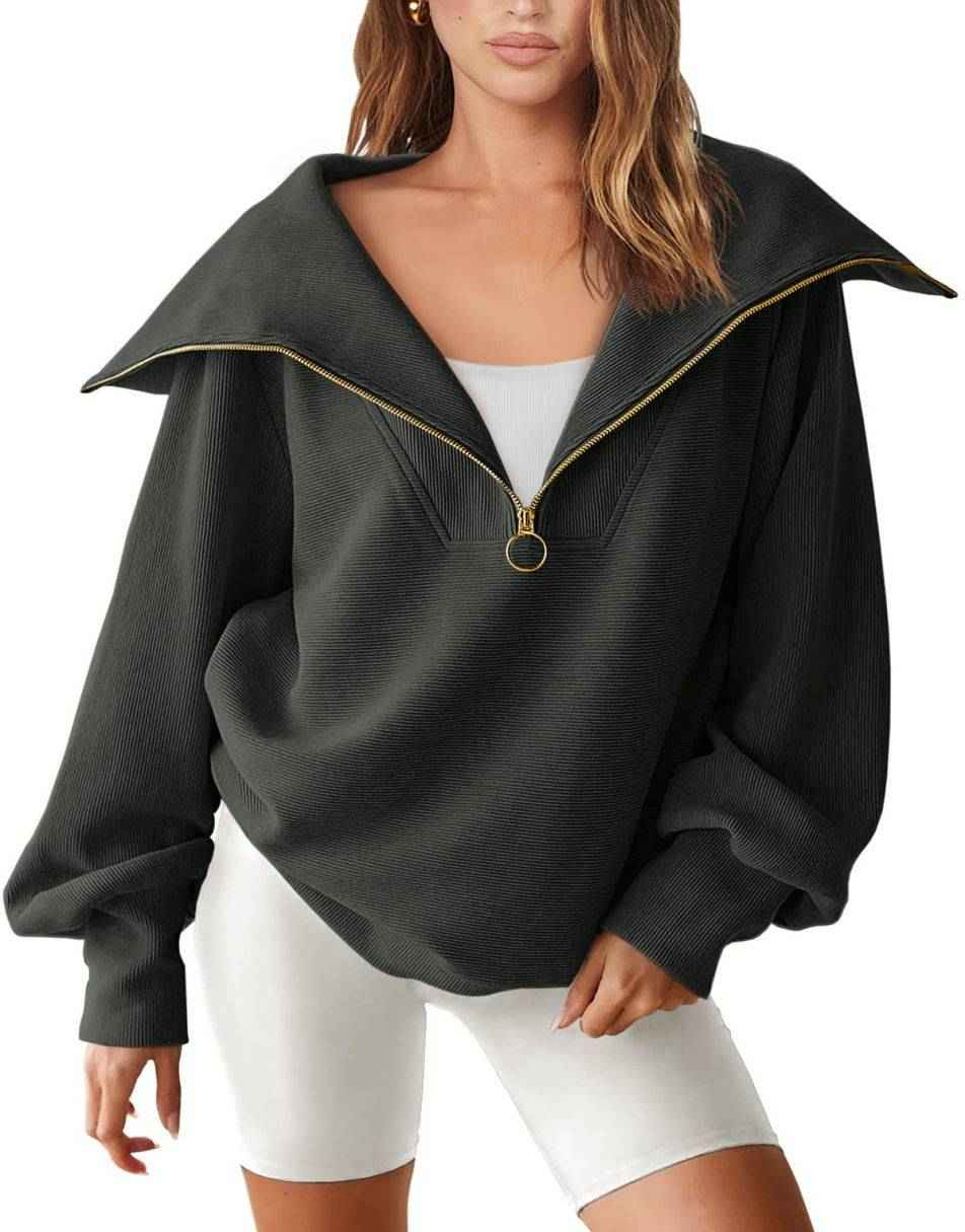 Frostluinai Clearance Items！Sweaters For Women Trendy Queen Oversized Half  Zip Pullover Lapel Neck Long Sleeve Sweatshirt Quarter Zip Hoodie Sweater