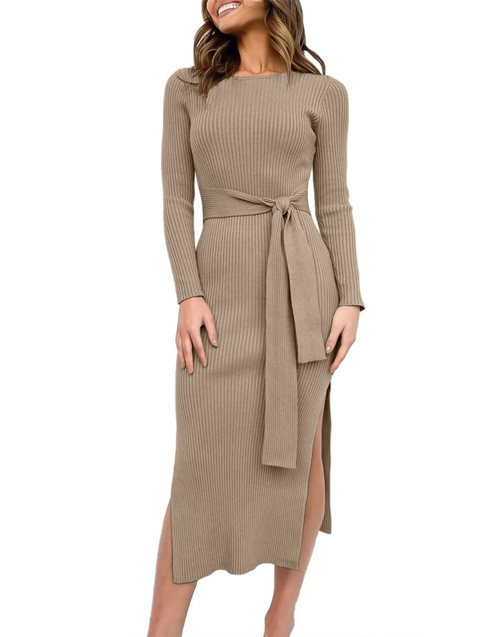 Anrabess Slim-fit Knitted slit Midi Sweater Dress