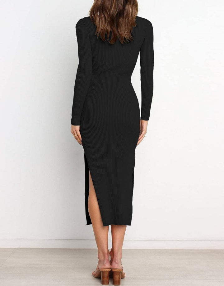 Anrabess Slim-fit Knitted slit Midi Sweater Dress