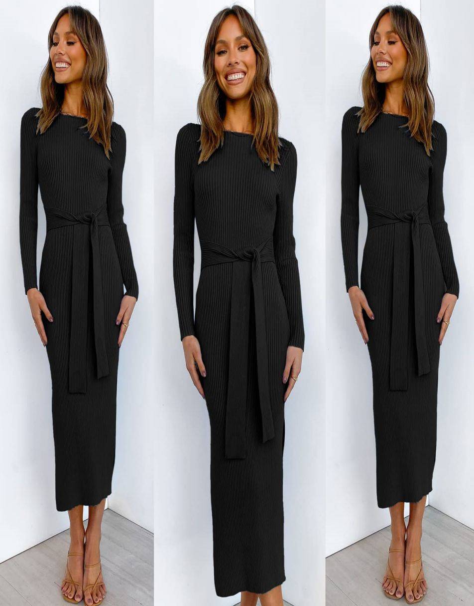 Anrabess Slim-fit Knitted slit Midi Sweater Dress