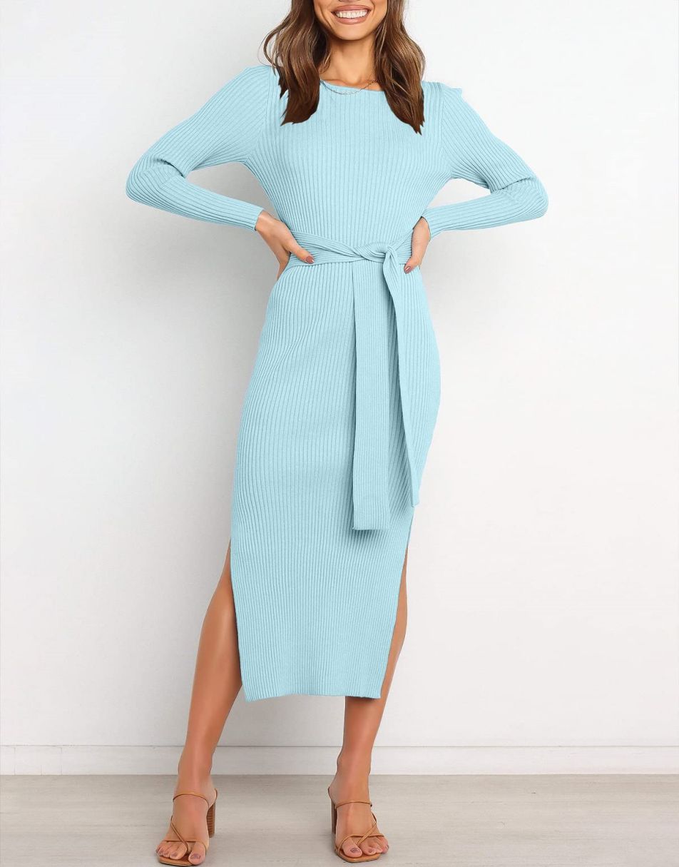 Anrabess Slim-fit Knitted slit Midi Sweater Dress