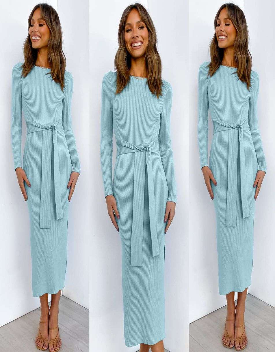 Anrabess Slim-fit Knitted slit Midi Sweater Dress